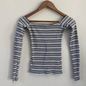 Hollister off shoulder long sleeve knit top black grey white stripes